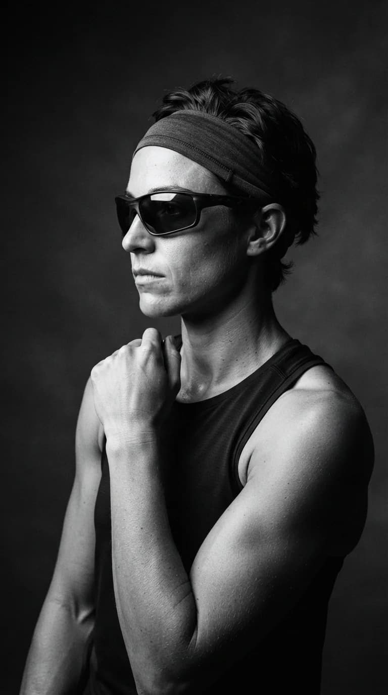 Retrato en blanco y negro de un atleta con anteojos de sol y una vincha, mirando hacia un costado.