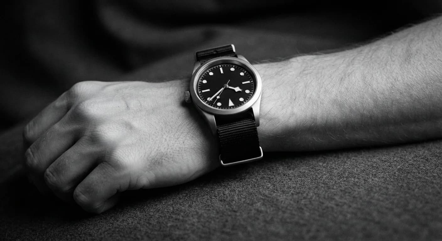 Primer plano de una muñeca con un reloj analógico.